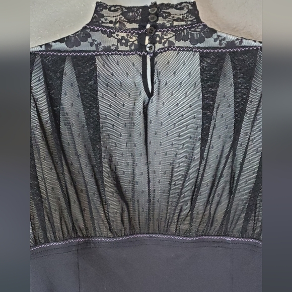Free People Rare Black Sheer Lace Beaded Fitted Blouse Mandarin Collar Sz Medium - Picture 7 of 9